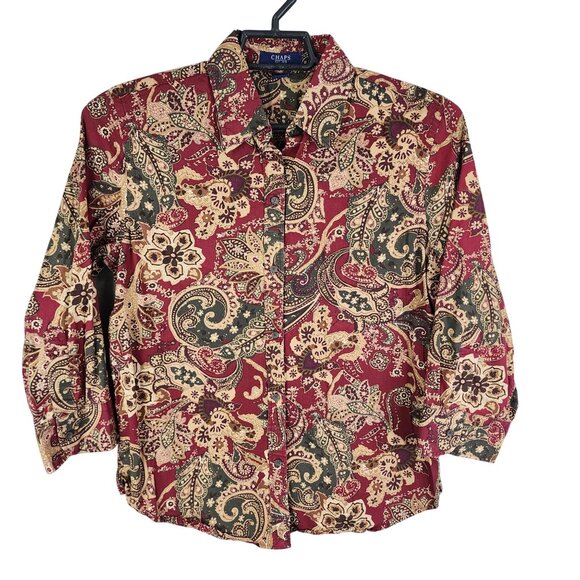 Womens Red & Gold Chaps Paisley Shirt Button Up Cotton Long Sleeve Size M - Picture 1 of 7